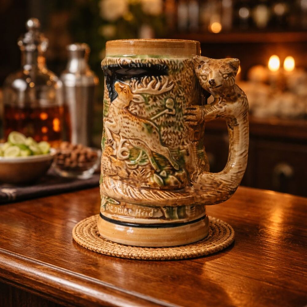 Vintage Beer Stein Mug 28oz Ceramic Deer Fox Handle Japan Rustic Bar Cabin Decor